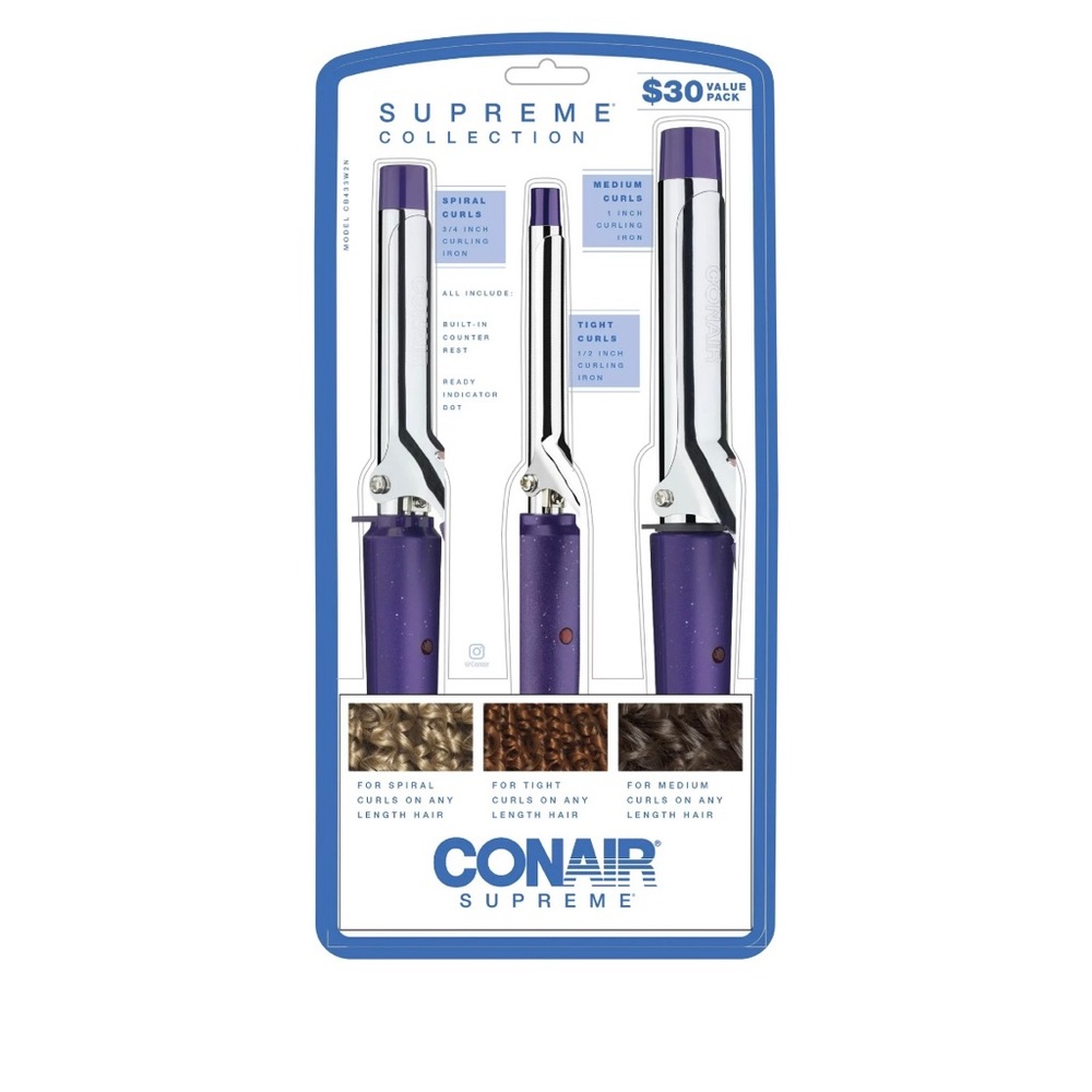 Conair supreme triple 0.5”,0.75”,1” ceramic spring curling iron,purple, 3 piece